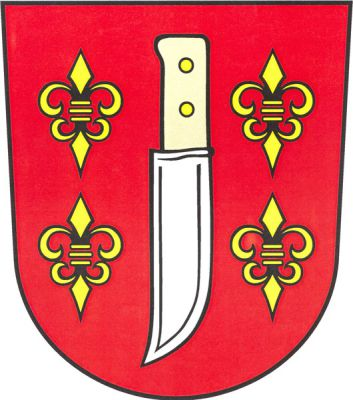 V červeném štítě postavený stříbrný vinařský nůž s rukojetí přirozené barvy provázený čtyřmi (2,2) zlatými liliemi. Znak Milovice