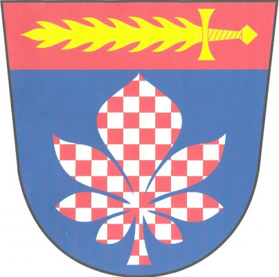 V modrém štítě pod červenou hlavou s položeným zlatým plamenným mečem vztyčený stříbrno - červeně šachovaný list jírovce. Znak Mratín