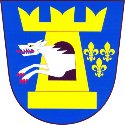 V modrém štítě zlatá věž se soklem a cimbuřím a s velkým černým obloukovým oknem, z něhož vyskakuje stříbrný vlk s červenou zbrojí. Věž vlevo provázena třemi (2,1) zlatými liliemi. Znak Nemyslovice