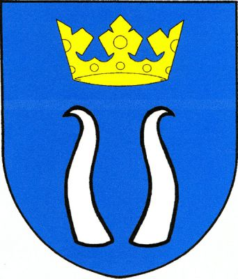 V modrém štítě dva stříbrné rohy převýšené zlatou korunou. Znak Níhov