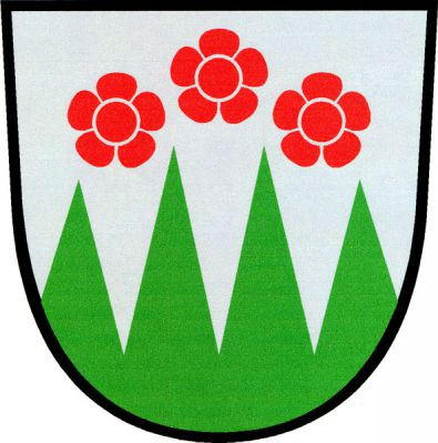 Ve stříbrném štítě nad čtyřmi zelenými hroty, prostřední vyšší, tři (1,2) červené růže. Znak Nová Ves