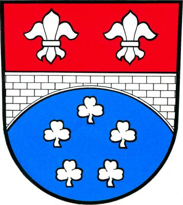 V červeno-modře děleném štítě kvádrovaný most s jedním obloukem provázený nahoře dvěma liliemi, dole pěti vztyčenými jetelovými trojlisty do kruhu, vše stříbrné. Znak Nová Ves u Chotěboře