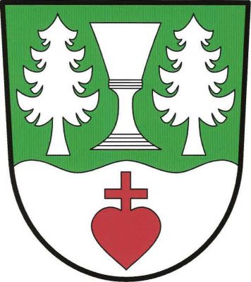V zeleno-stříbrně sníženě vlnitě děleném štítě nahoře skleněný pohár mezi dvěma smrky, vše stříbrné, dole červené srdce završené křížkem. Znak Nové Hutě