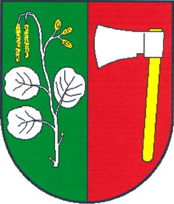 V zeleno-červeně polceném štítě vpravo stříbrná olšová větev se třemi listy a pěti zlatými jehnědami, dvěma samčími a třemi samičími, vlevo stříbrná sekera se zlatým topůrkem. Znak Olšany
