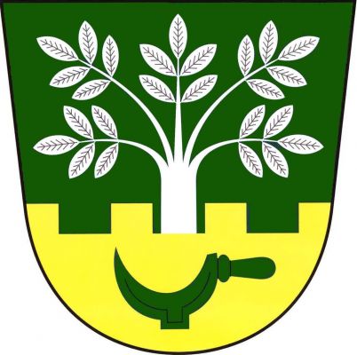 V zeleném štítě vyrůstá ze zlaté hradby s položeným zeleným vinařským nožem-kosířem stříbrný ořešák. Znak Ořechov