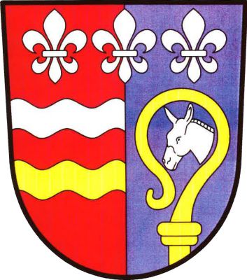 V červeno-modře polceném štítě nahoře vedle sebe tři stříbrné lilie. V pravém poli dvě vlnitá břevna, stříbrné nad zlatým, v levém poli vyniká zlatá berla, v jejím závitu stříbrná oslí hlava s krkem. Znak Oslov