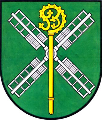 V zeleném štítě stříbrná růžice větrného mlýna přeložená zlatou berlou. Znak Partutovice