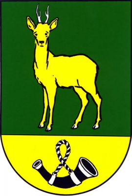 V zeleném štítě nad zlatou patou s černou loveckou trubkou se stříbrným kováním a černo-stříbrnou kroucenou šňůrou čelně hledící zlatý srnec se stříbrnou zbrojí. Znak Písečná