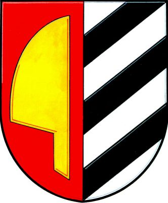 Červeno-stříbrně polcený štít, vpravo zlatá vztyčená radlice hrotem nahoru, vlevo tři černá šikmá břevna. Znak Pňovice