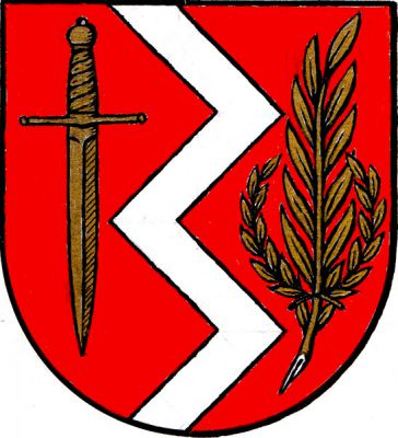 V červeném štítě třikrát lomený stříbrný kůl, provázený vpravo postaveným mečem, vlevo palmovou ratolestí přeloženou dole vavřínovým věncem, vše zlaté. Znak Polom