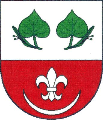 Stříbrno-červeně dělený štít, nahoře dva zelené lipové listy s plodem vedle sebe, dole lilie nad stoupajícím srpkem měsíce, obojí stříbrné. Znak Pozořice