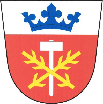 V červeném štítě pod stříbrnou hlavou s modrou korunou vztyčené stříbrné kladivo mezi zkříženými zlatými ostrvemi. Znak Prachovice
