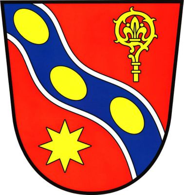 V červeném štítě modré, stříbrně lemované vlnité břevno se třemi valouny, provázené nahoře hlavicí berly, dole osmihrotou hvězdou, vše zlaté. Znak Prádlo