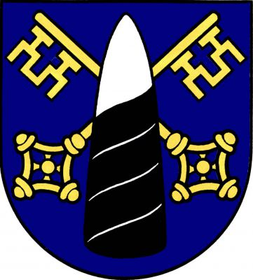 V modrém štítě zkřížené zlaté klíče přeložené stříbrnou, černě zabalenou homolí cukru. Znak Praha 12