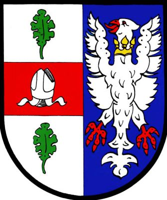 Ve stříbrno-modře polceném štítě vpravo červené břevno se stříbrnou mitrou provázené dvěma vztyčenými zelenými dubovými listy, vlevo stříbrná orlice s červenou zbrojí a zlatou korunou na krku. Znak Proboštov