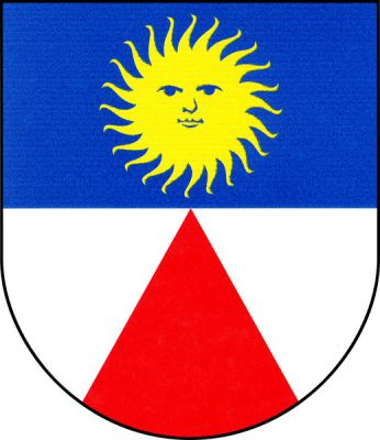 Modro-stříbrně dělený štít, nahoře zlaté slunce s tváří, dole červený hrot. Znak Radonice
