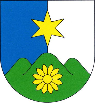 V modro-stříbrně polceném štítě zlatá hvězda nad zeleným trojvrším se zlatým květem o dvanácti okvětních lístcích. Znak Raná