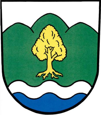 Ve stříbrném štítě nad stříbrno-modře vlnitě dělenou vlnitou patou ve zvýšeném zeleném trojvrší zlatý vykořeněný listnatý strom. Znak Řeka