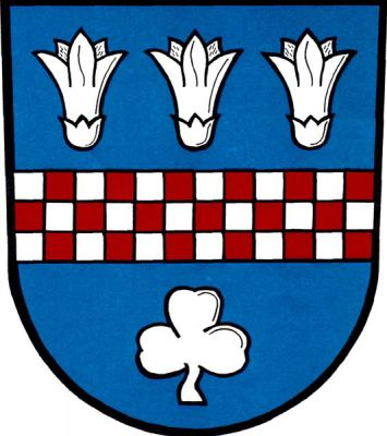 V modrém štítě stříbrno-červeně třemi řadami šachované břevno, provázené nahoře třemi květy vachty trojlisté a dole jetelovým trojlistem, vše stříbrné. Znak Římov