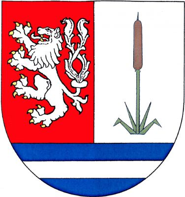V červeno - stříbrně polceném štítě nad modrou patou se stříbrným břevnem vpravo stříbrný dvouocasý lev se zlatou zbrojí, vlevo orobinec přirozené barvy se čtyřmi listy. Znak Rohozná