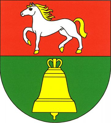 V červeno-zeleně děleném štítě nahoře kráčející stříbrný kůň se zlatou zbrojí, dole zlatý zvon. Znak Rosice