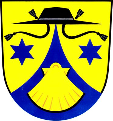 Ve zlatém štítě modrý vydutý snížený hrot se zlatou mušlí, provázený dvěma modrými hvězdami. Na jeho vrcholu černý kněžský klobouk s jedním třapcem na každé straně. Znak Roštín