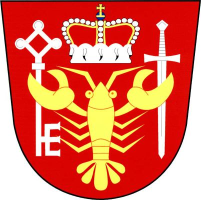 V červeném štítě zlatý rak převýšený knížecí korunou, držící v pravém klepetu klíč zuby doleva, v levém meč, obojí stříbrné a postavené. Znak Rudoltice