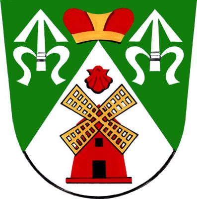 V zeleném štítě stříbrný snížený hrot, v něm červený větrný mlýn se zlatými lopatkami převýšený červenou svatojakubskou mušlí. Na hrotu červená, zlatě lemovaná knížecí čepice provázená dvěma stříbrnými zavinutými střelami. Znak Ruprechtov