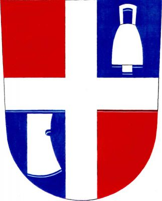 Stříbrným heroltským křížem čtvrcený červeno-modrý štít. Ve druhém poli zvonec s ouškem, ve třetím sekera bez topůrka, vše stříbrné. Znak Rusava