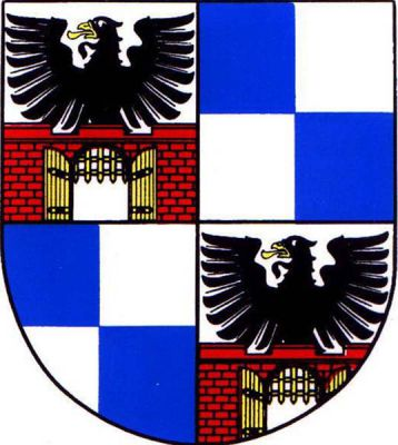 Čtvrcený štít, v prvním a čtvrtém stříbrném poli červená hradební kvádrová zeď se třemi stínkami, otevřenými zlatými vraty a zdviženou zlatou mříží. Ze zdi vyrůstá černá orlice se zlatou zbrojí. Druhé a třetí pole je modro-stříbrně čtvrceno. Znak Sedlec-Prčice