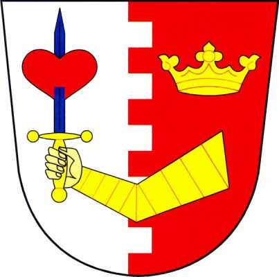 Ve stříbrno-červeně cimbuřovitě polceném štítě zlaté obrněné rameno držící na modrém meči se zlatým jílcem nabodnuté červené srdce a provázené vlevo nahoře zlatou korunou. Znak Škvořetice