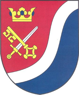Šikmým stříbrným dvakrát prohnutým břevnem červeno-modře dělený štít.V červeném poli pod zlatou korunou s modrými kameny kosmo vztyčený zlatý gotický klíč šikmo podložený vztyčeným stříbrným mečem se zlatým jílcem. Znak Slapy