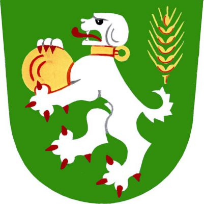 V zeleném štítě stříbrný pes ve skoku s červenou zbrojí, jazykem a zlatým obojkem, držící zlatý chléb a provázený vlevo nahoře zlatým obilným klasem. Znak Slopné