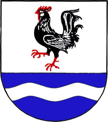 Ve stříbrno-modře sníženě děleném štítě nahoře vykračující černý kohout s červenou zbrojí, dole stříbrné vlnité břevno. Znak Sobíňov