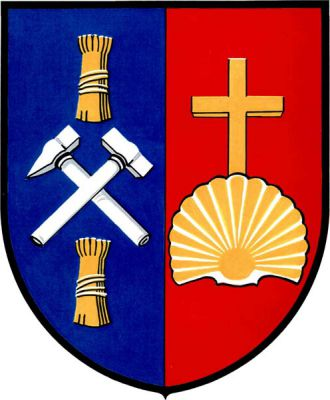 V modro-červeně polceném štítě vpravo zkřížená stříbrná hornická kladívka provázená nahoře a dole zlatým, stříbrně převázaným snopem, vlevo mušle s vyrůstajícím latinským křížem, obojí zlaté. Znak Srbice