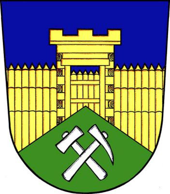 V modrém štítě palisáda uprostřed s roubenou věží s cimbuřím a zavřenou branou, vše zlaté. V patě štítu zelený hrot, v něm kosmý mlátek křížem přeložený želízkem, obojí stříbrné. Znak Srubec