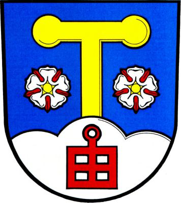 V modrém štítě na stříbrném trojvrší zlatý antonínský kříž provázený dvěma stříbrnými růžemi se zlatými semeníky a červenými kališními lístky. V trojvrší červený rošt sv. Vavřince. Znak Štáblovice