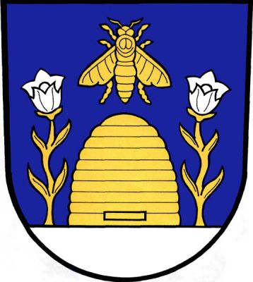 V modrém štítě na stříbrném trávníku zlatý včelí úl převýšený zlatou včelou a provázený dvěma vyrůstajícími stříbrnými zvonky na zlatých stoncích. Znak Staré Těchanovice