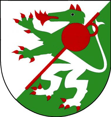 Ve stříbrno - zeleně šikmo děleném štítě panter opačných barev s červenou zbrojí a ušima, šikmo přeložený červeným koštýřem. Znak Starovice