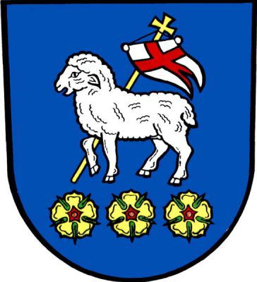 V modrém štítě nad třemi zlatými růžemi s červenými semeníky vedle sebe stříbrný beránek přidržující pravou přední nohou zlatý kříž se stříbrnou dvoucípou korouhví s červeným heroldským křížem. Znak Stěbořice