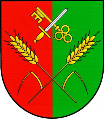 V červeno-zeleně polceném štítě zkřížené zlaté obilné klasy, každý s jedním odvráceným listem, nahoře kosmý zlatý klíč křížem přeložený vztyčeným stříbrným mečem se zlatým jílcem. Znak Štichovice