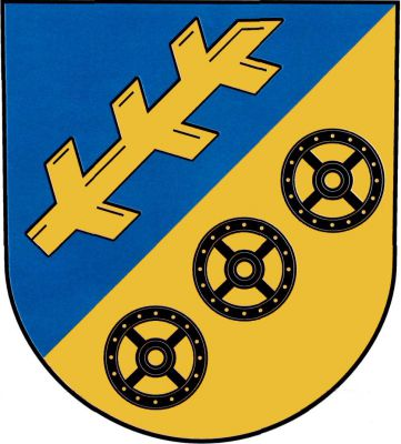 V modro - zlatě šikmo děleném štítě nahoře zlatá ostrev dole tři černá mlýnská kola, vše šikmo. Znak Strašice
