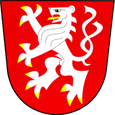 V červeném štítě stříbrný dvouocasý lev se zlatou zbrojí. Znak Stráž