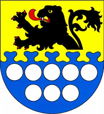 Ve zlato-modře oblakovým řezem děleném štítě nahoře polovina černého lva s červenou zbrojí, dole osm (5,3) stříbrných kotoučů. Znak Stráž nad Ohří