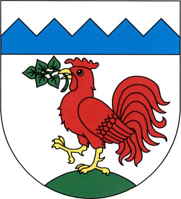 Ve stříbrném štítě, pod stříbrno - modře devětkrát nahoru lomeně dělenou hlavou, na zeleném návrší vykračující červený kohout se zlatou zbrojí, červeným hřebínkem a zelenou lipovou větvičkou s pěti listy v zobáku. Znak Střezimíř
