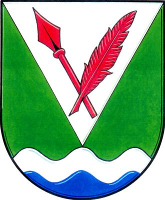 V zeleném štítě s vlnitou, stříbrně a modře rovněž vlnitě dělenou patou, stříbrný klín a na něm zkřížený oštěp s brkovým perem, obojí červené. Znak Střítež nad Ludinou