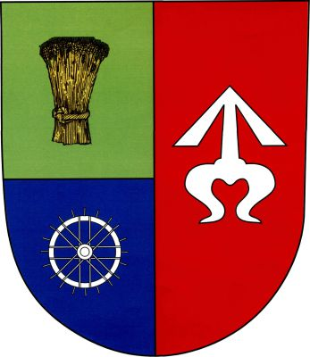 Polcený štít, vpravo zeleno - modře dělený. Nahoře zlatý snop, dole stříbrné mlýnské vodní kolo, v levém červeném poli stříbrná zavinutá střela. Znak Suchov