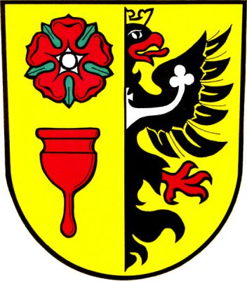 Ve zlatém štítě vpravo červená růže se stříbrným semeníkem a zelenými kališními lístky nad červenou kamenickou palicí, vlevo polovina slezské orlice. Znak Supíkovice