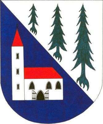 V modro-stříbrně kosmo děleném štítě vpravo stříbrný kostel s červenou střechou, s věží po pravé straně, zakončenou černou makovicí s křížem. Ve věži tři obdélná okna, v lodi tři gotická okna, mezi prvním a druhým otevřený vchod s lomeným obloukem a otevřenými stříbrnými vraty s černým kováním. Vlevo tři zelené vykořeněné smrky vedle sebe. Znak Svatá Maří