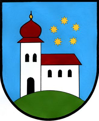 V modrém štítě na zeleném návrší stříbrný kostel s věží s červenou střechou a bání zakončenou zlatou makovicí. Ve věži dvě okna a dveře, v lodi tři okna, vše černé. Nad střechou lodi pět zlatých osmihrotých hvězd do kruhu. Znak Svatý Jan